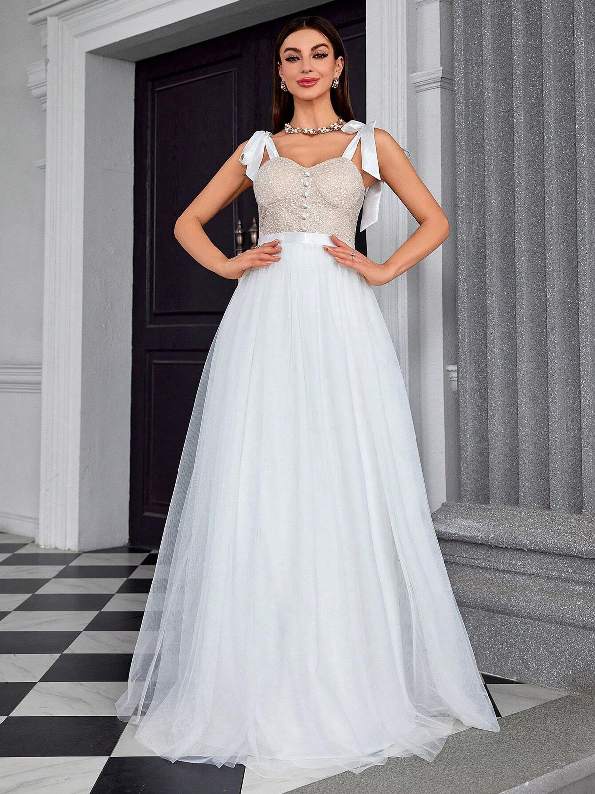 Embroidered Floral Lace Shoulder Strap Chest Cup Hook Clashing Color Patchwork Mesh Ball Gown Wedding Dress For Bride And Bridesmaid