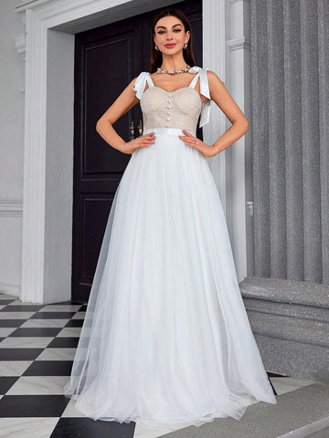 Embroidered Floral Lace Shoulder Strap Chest Cup Hook Clashing Color Patchwork Mesh Ball Gown Wedding Dress For Bride And Bridesmaid
