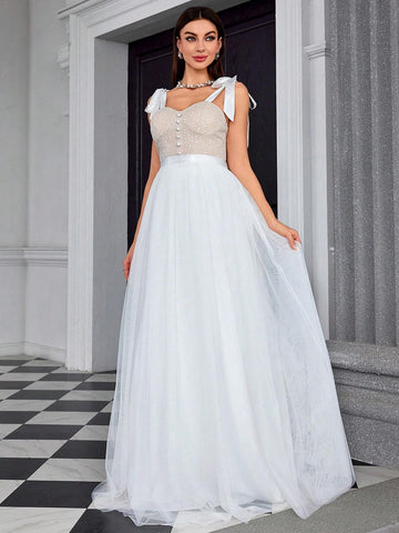 Embroidered Floral Lace Shoulder Strap Chest Cup Hook Clashing Color Patchwork Mesh Ball Gown Wedding Dress For Bride And Bridesmaid