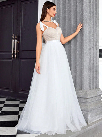 Embroidered Floral Lace Shoulder Strap Chest Cup Hook Clashing Color Patchwork Mesh Ball Gown Wedding Dress For Bride And Bridesmaid
