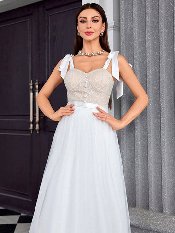 Embroidered Floral Lace Shoulder Strap Chest Cup Hook Clashing Color Patchwork Mesh Ball Gown Wedding Dress For Bride And Bridesmaid