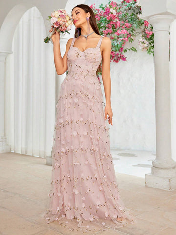 Embroidered Flower Cup Pleats Waist Pleats A-Line Bridesmaid Dress With Shoulder Straps