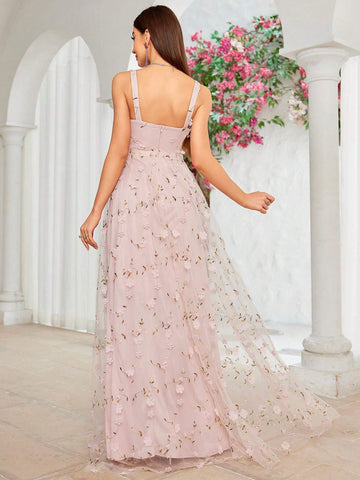 Embroidered Flower Cup Pleats Waist Pleats A-Line Bridesmaid Dress With Shoulder Straps