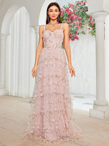 Embroidered Flower Cup Pleats Waist Pleats A-Line Bridesmaid Dress With Shoulder Straps