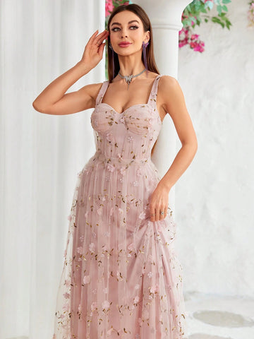 Embroidered Flower Cup Pleats Waist Pleats A-Line Bridesmaid Dress With Shoulder Straps