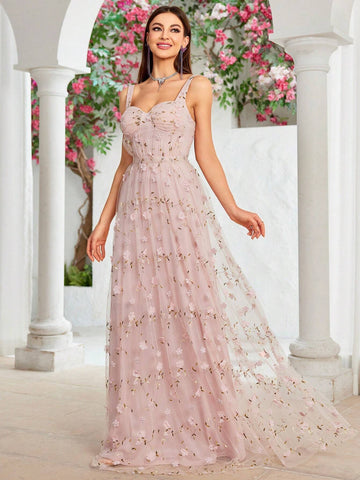 Embroidered Flower Cup Pleats Waist Pleats A-Line Bridesmaid Dress With Shoulder Straps