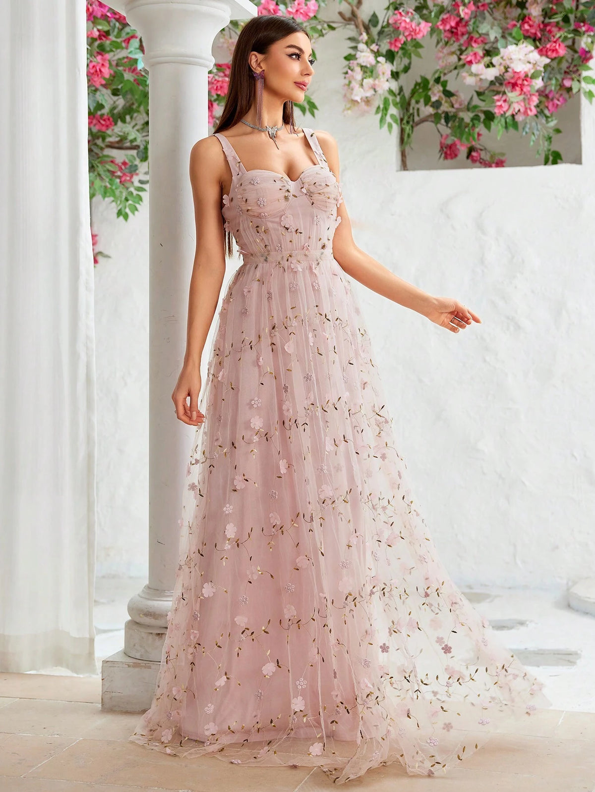 Embroidered Flower Cup Pleats Waist Pleats A-Line Bridesmaid Dress With Shoulder Straps