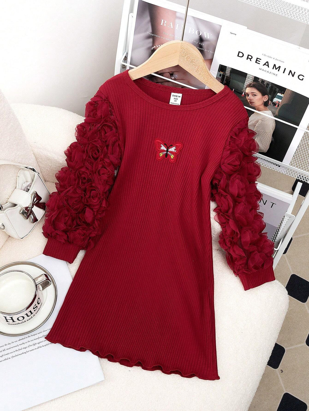Embroidered Heart Mesh Floral Patchwork Long Sleeve Form-Fitting Dress For Little Girls, Autumn