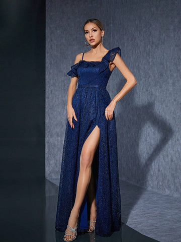 Embroidered Lace Asymmetrical Collar Ruffle Edge High-End Bridesmaid Dress With Front Slit Opening