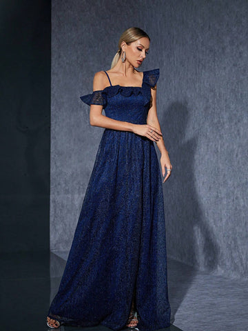 Embroidered Lace Asymmetrical Collar Ruffle Edge High-End Bridesmaid Dress With Front Slit Opening