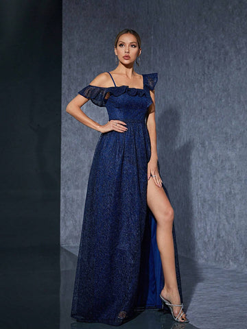 Embroidered Lace Asymmetrical Collar Ruffle Edge High-End Bridesmaid Dress With Front Slit Opening