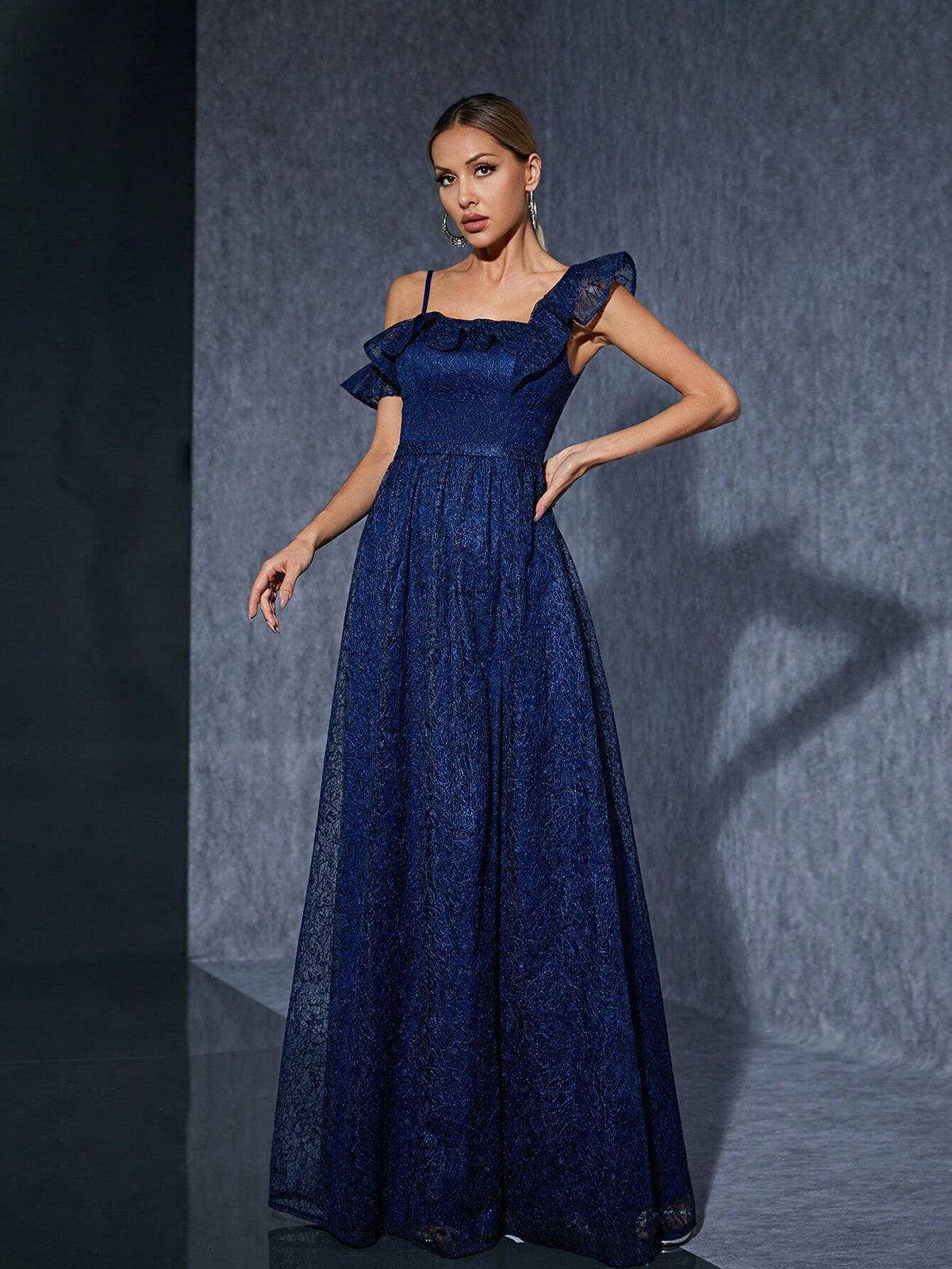 Embroidered Lace Asymmetrical Collar Ruffle Edge High-End Bridesmaid Dress With Front Slit Opening