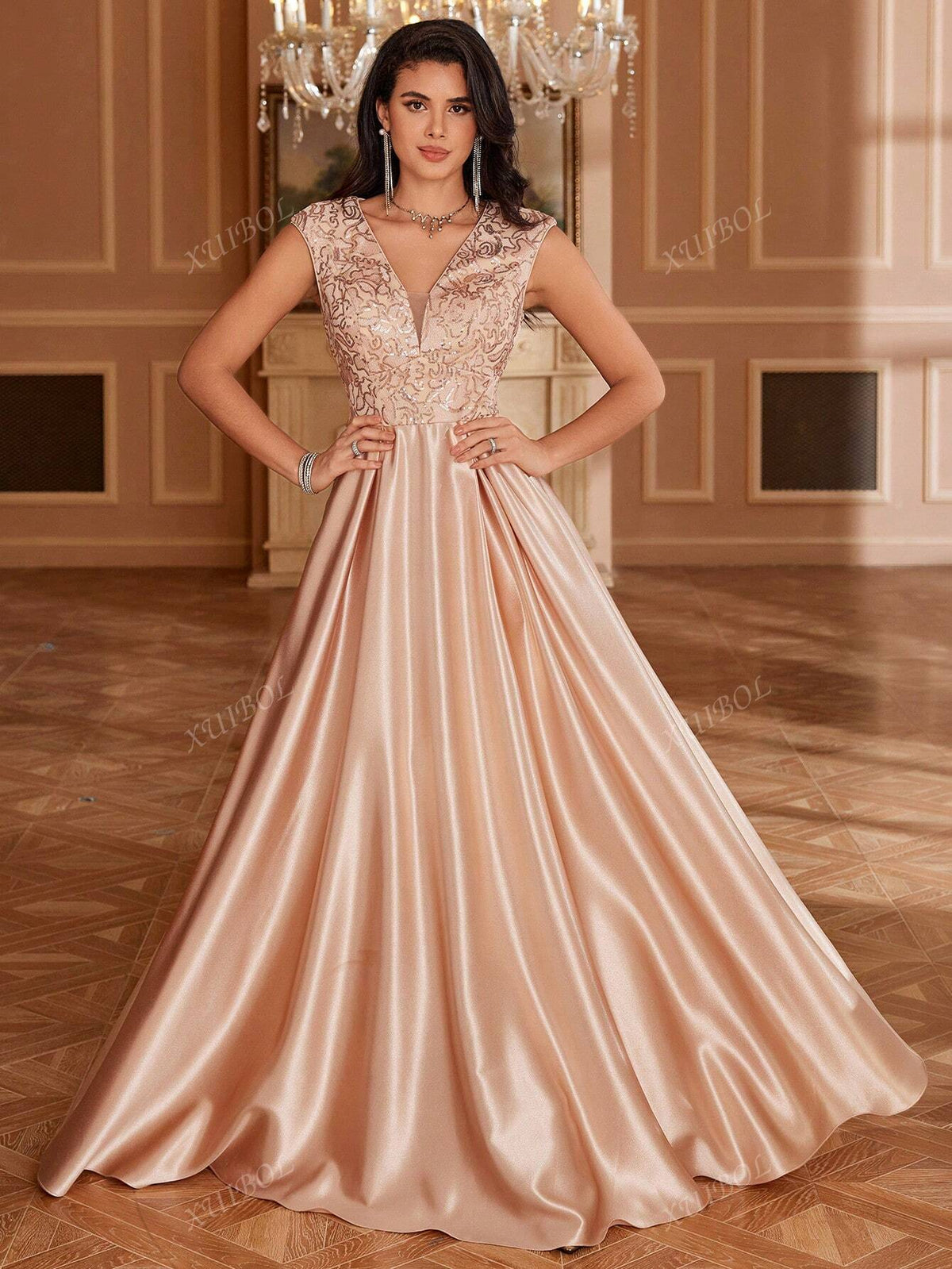 Embroidered Lace Patchwork Satin Sleeveless Deep V-Neck A-Line Solid Color Elegant Maxi Formal Gown Dress For Women (Heavy Embellishment)