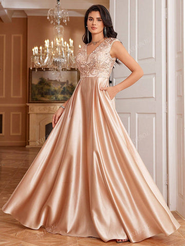 Embroidered Lace Patchwork Satin Sleeveless Deep V-Neck A-Line Solid Color Elegant Maxi Formal Gown Dress For Women (Heavy Embellishment)