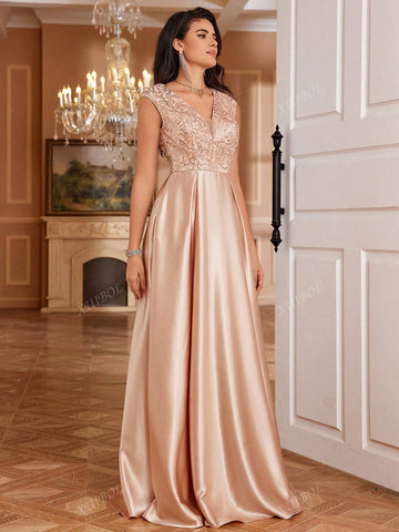 Embroidered Lace Patchwork Satin Sleeveless Deep V-Neck A-Line Solid Color Elegant Maxi Formal Gown Dress For Women (Heavy Embellishment)