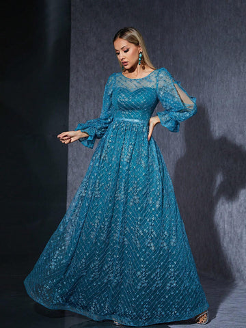 Embroidered Lace See-Through Round Neck Long Sleeve High-End Evening Dress With Split Hem