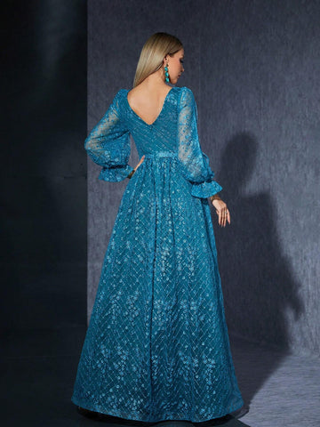 Embroidered Lace See-Through Round Neck Long Sleeve High-End Evening Dress With Split Hem