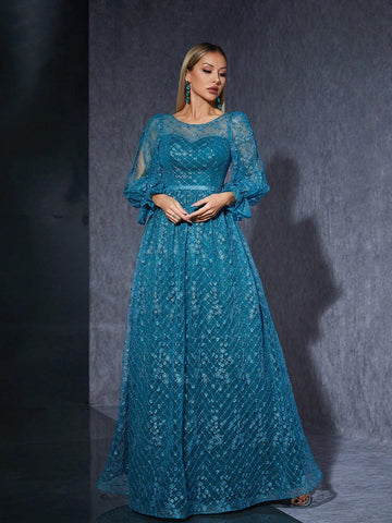Embroidered Lace See-Through Round Neck Long Sleeve High-End Evening Dress With Split Hem