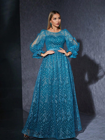 Embroidered Lace See-Through Round Neck Long Sleeve High-End Evening Dress With Split Hem