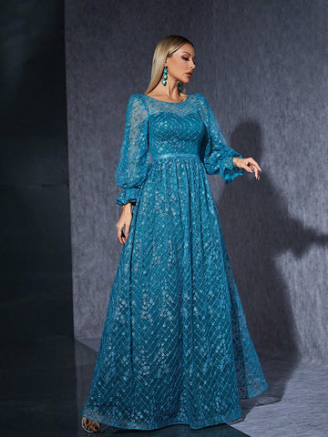 Embroidered Lace See-Through Round Neck Long Sleeve High-End Evening Dress With Split Hem