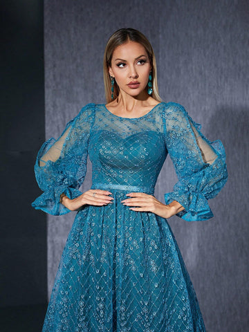 Embroidered Lace See-Through Round Neck Long Sleeve High-End Evening Dress With Split Hem