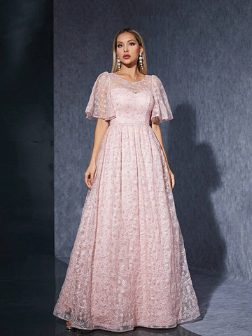 Embroidered Lace See-Through Strapless Short Sleeve High-End Evening Dress With Round Neckline