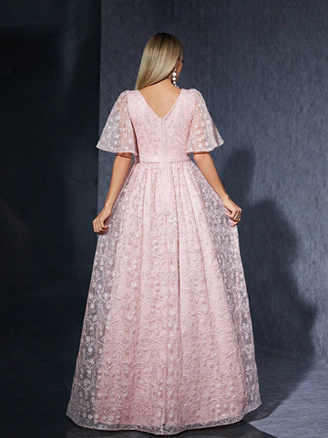 Embroidered Lace See-Through Strapless Short Sleeve High-End Evening Dress With Round Neckline