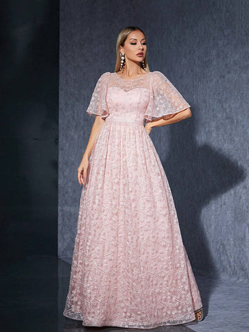 Embroidered Lace See-Through Strapless Short Sleeve High-End Evening Dress With Round Neckline