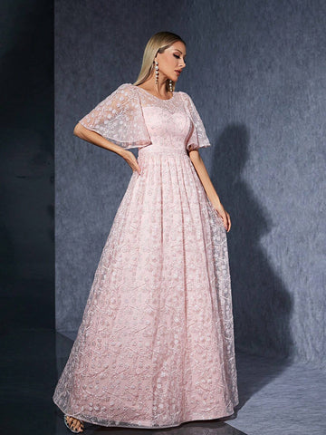 Embroidered Lace See-Through Strapless Short Sleeve High-End Evening Dress With Round Neckline