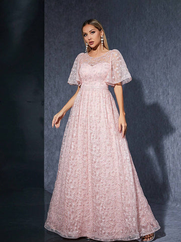 Embroidered Lace See-Through Strapless Short Sleeve High-End Evening Dress With Round Neckline