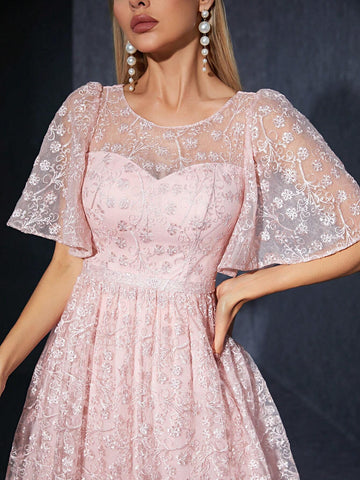 Embroidered Lace See-Through Strapless Short Sleeve High-End Evening Dress With Round Neckline