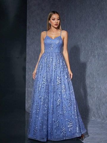 Embroidered Mesh Tulle Bridesmaid Dress With Ruched Camisole And Flared Hem