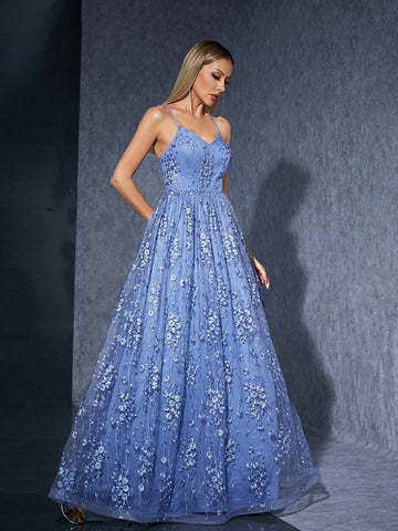 Embroidered Mesh Tulle Bridesmaid Dress With Ruched Camisole And Flared Hem