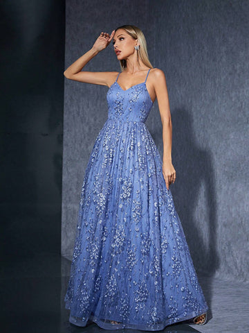 Embroidered Mesh Tulle Bridesmaid Dress With Ruched Camisole And Flared Hem