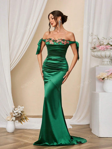 Embroidered Off-Shoulder Maxi Evening Dress With Train