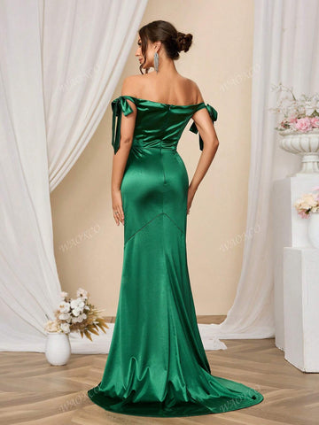 Embroidered Off-Shoulder Maxi Evening Dress With Train