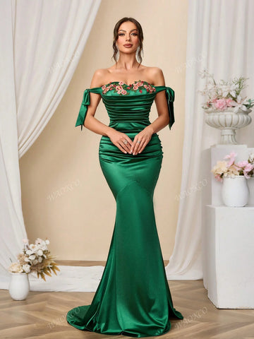 Embroidered Off-Shoulder Maxi Evening Dress With Train
