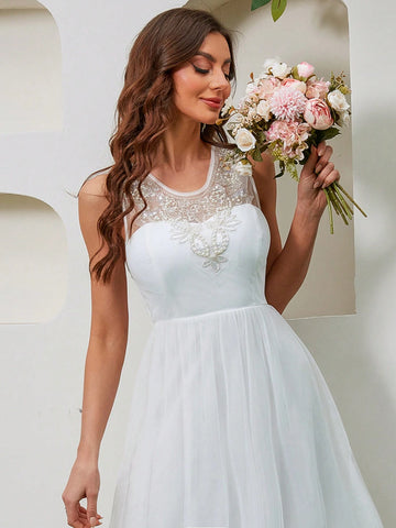 Embroidered Sequin Lace Patchwork Tulle Sleeveless Extra-Long Bridal Shower Dress