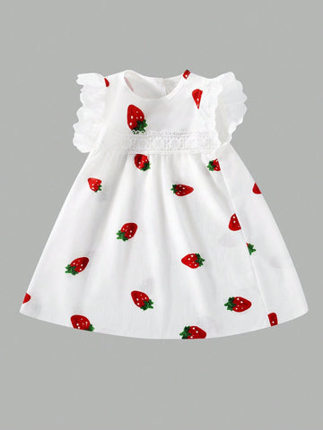 Embroidered Strawberry Pattern Lace Trimmed Cap Sleeve Dress For Young Girls