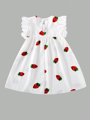 Embroidered Strawberry Pattern Lace Trimmed Cap Sleeve Dress For Young Girls