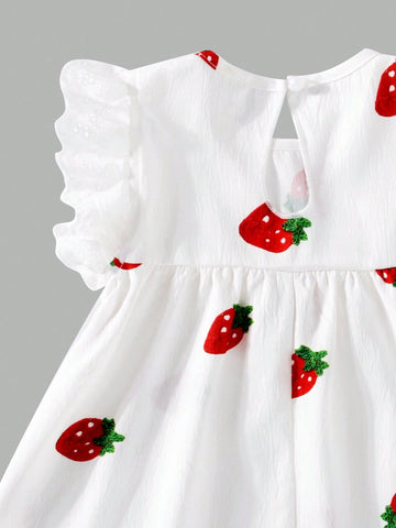 Embroidered Strawberry Pattern Lace Trimmed Cap Sleeve Dress For Young Girls