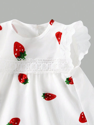 Embroidered Strawberry Pattern Lace Trimmed Cap Sleeve Dress For Young Girls