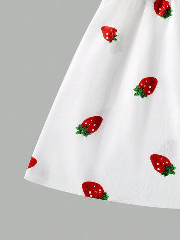 Embroidered Strawberry Pattern Lace Trimmed Cap Sleeve Dress For Young Girls
