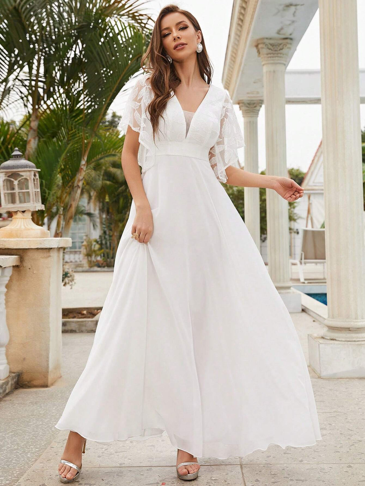 Embroidery Detail Butterfly Sleeve Maxi Wedding Dress