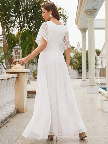 Embroidery Detail Butterfly Sleeve Maxi Wedding Dress