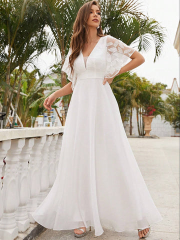 Embroidery Detail Butterfly Sleeve Maxi Wedding Dress