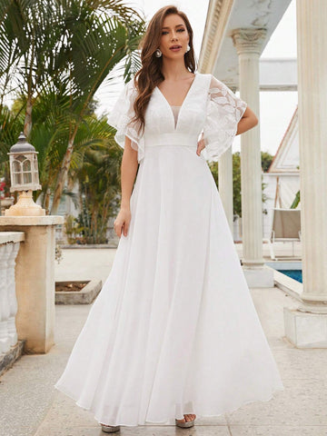 Embroidery Detail Butterfly Sleeve Maxi Wedding Dress