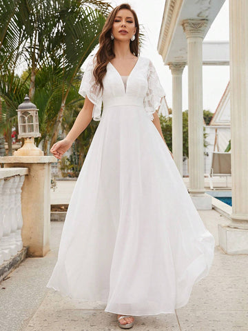 Embroidery Detail Butterfly Sleeve Maxi Wedding Dress