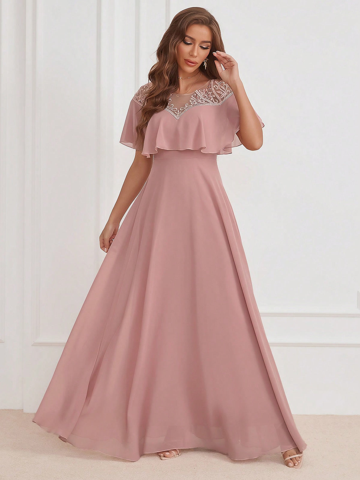 Embroidery Detail Ruffle Trim Chiffon Formal Dress