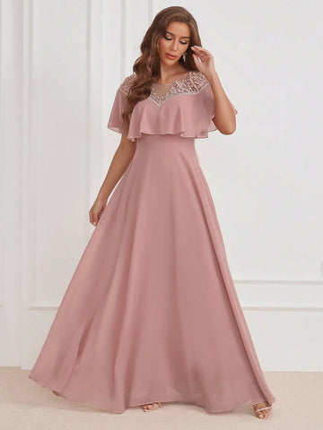 Embroidery Detail Ruffle Trim Chiffon Formal Dress